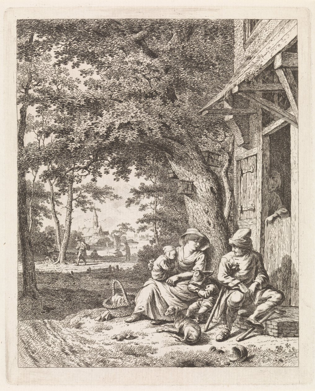 Familie med hund, sitter foran et hus Landskap med figurer (serietittel) av Leendert Overbeek
