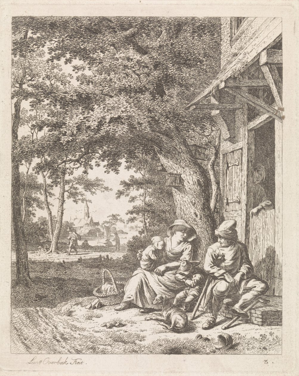 Familie med hund, sitter foran et hus Landskap med figurer (serietittel) av Leendert Overbeek