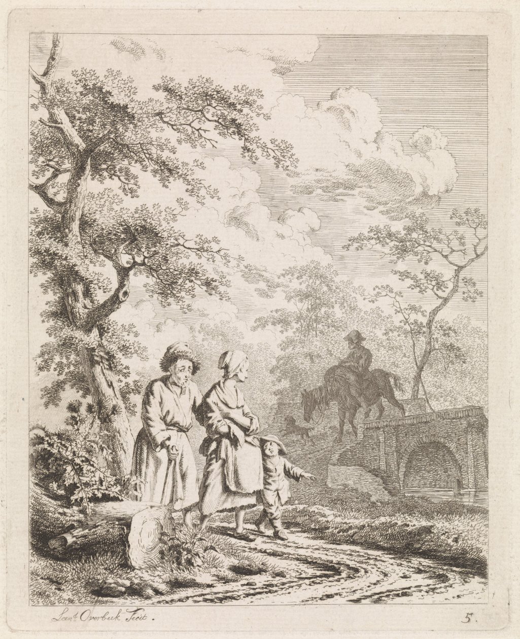Gammel mann, kvinne og barn på en skogssti Landskap med figurer (serietittel) av Leendert Overbeek