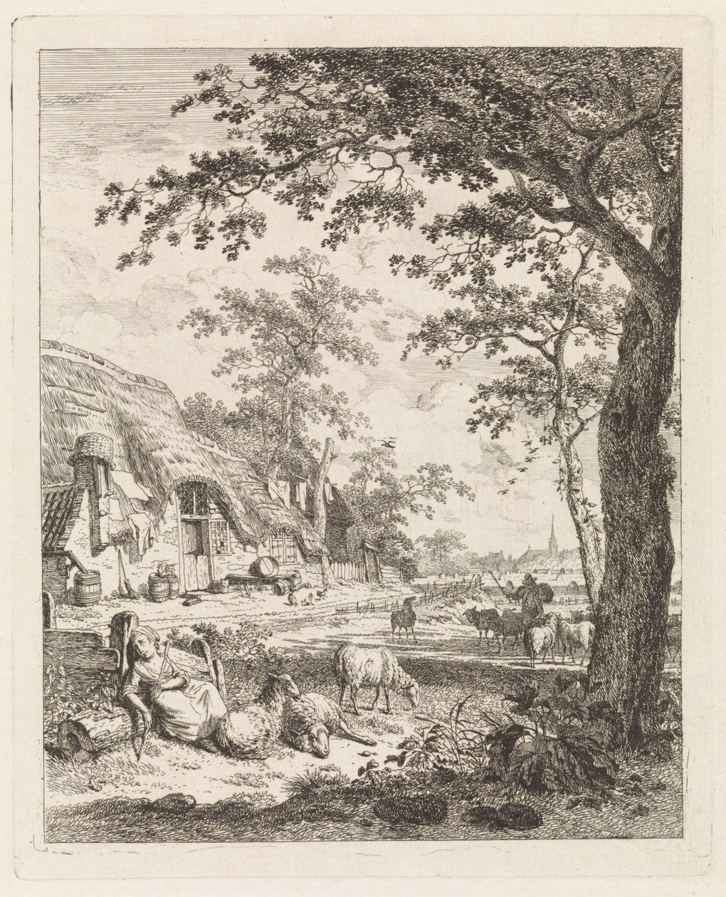 Gjeterinne med sauer foran en gård Landskap med figurer (serietittel) av Leendert Overbeek