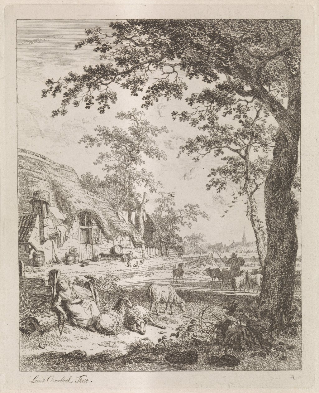 Gjeterinne med sauer foran en gård Landskap med figurer (serietittel) av Leendert Overbeek