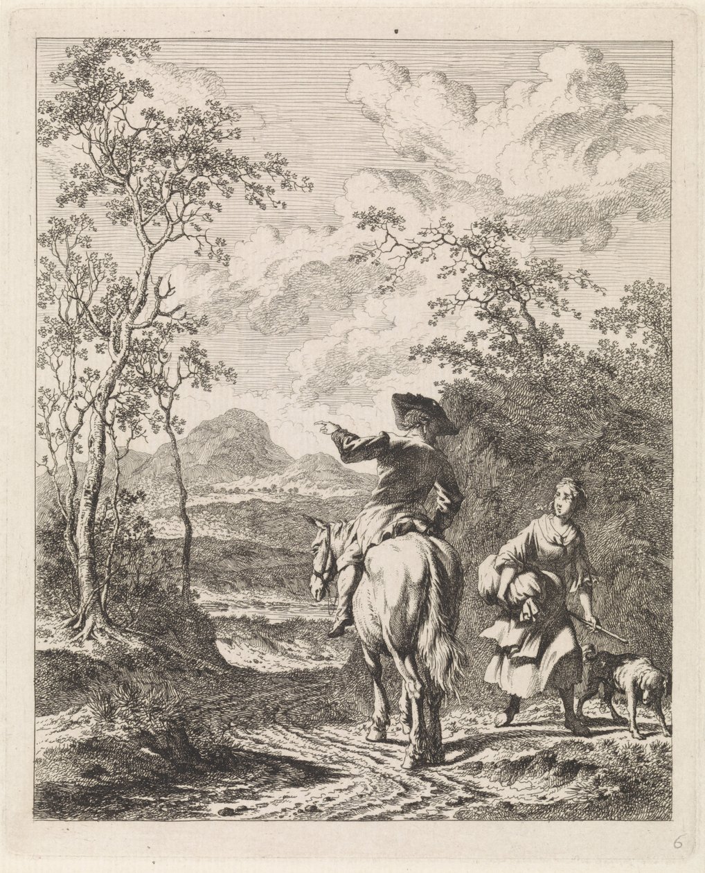 Rytter ber om veibeskrivelse til en jente med en hund Landskap med figurer (serietittel) av Leendert Overbeek