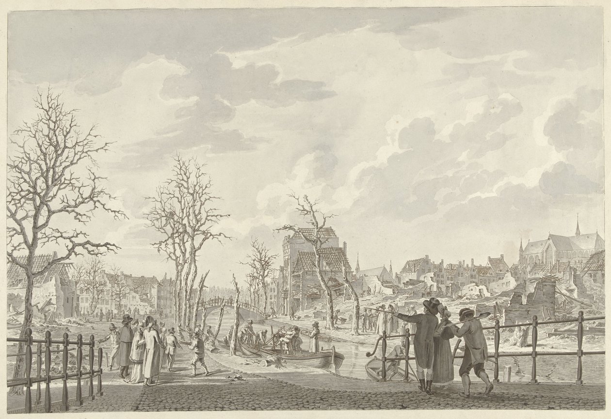 Ruiner på Rapenburg i Leiden, etter kruttkatastrofen 12. januar 1807 av Leendert Overbeek