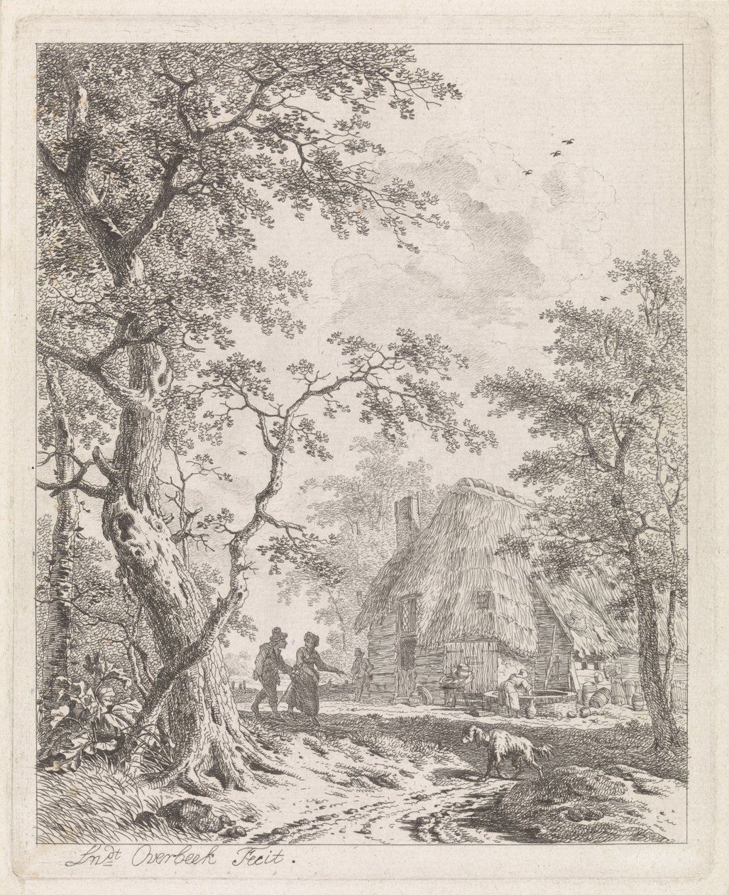To turgåere på en gård Landskap med figurer (serietittel) av Leendert Overbeek