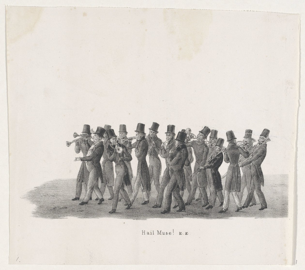 Musikere i prosesjonen av Leiden-studenter, 1835 Hei Muse! (tittel på objekt) De individuelle forestillingene som de stiger holdt av H.H. Elever ved Leidsche Hoogeschool 9. februar: 1835, stengt (serietittel på objekt) av Leendert Springer (I)