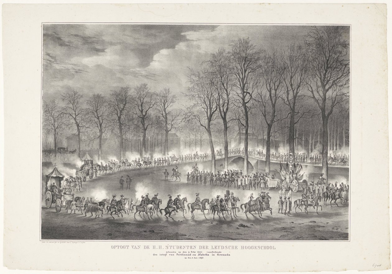 Parade av H.H. Elever ved Leydsche Hoogeschool holdt den 9. februar 1835, som viser inngangen til Ferdinand og Jsabella i Grenada den 6. januar. 1492 (tittel på objekt) av Leendert Springer (I)