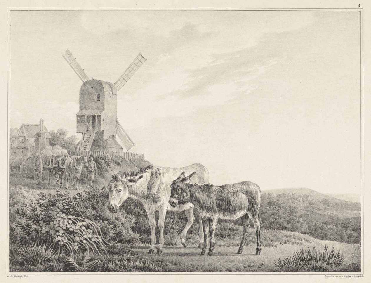 To esler i et landskap nær en mølle Seks steintegninger av L. de Koningh (serietittel) av Leendert de Koningh