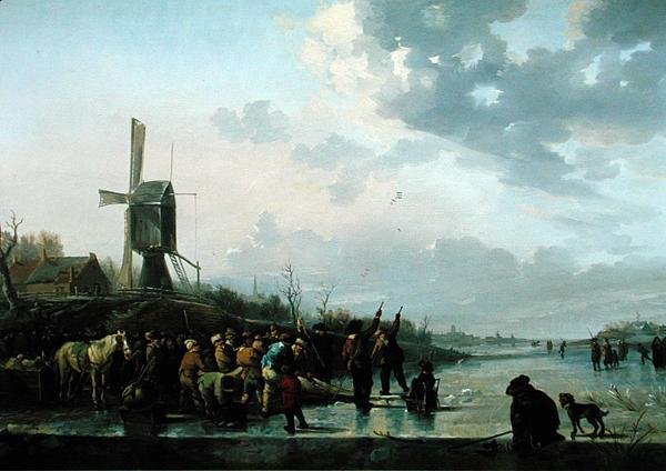 Vinterscene, frossen elv med skatere (olje på panel) av Leendert de Koningh