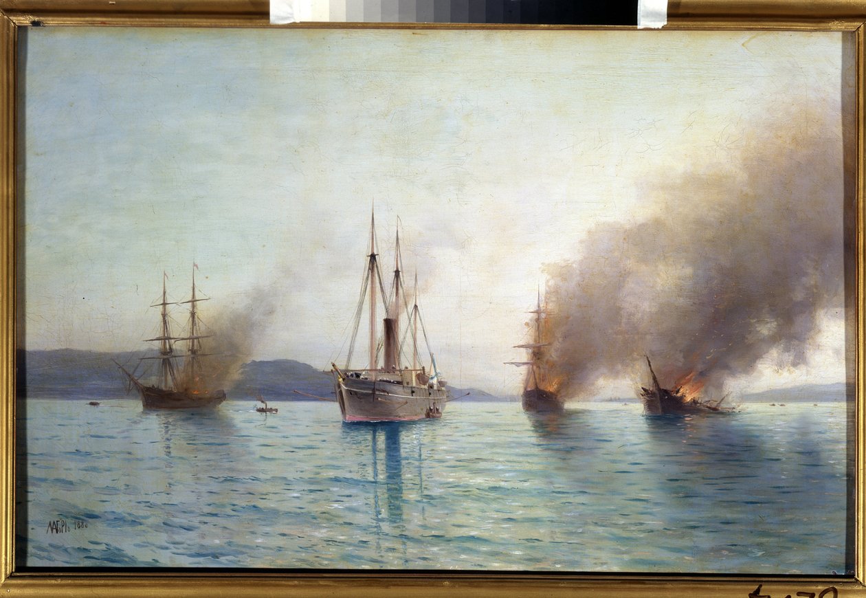 Russisk torpedobåt storhertug Konstantin ødelegger de tyrkiske skipene ved Bosporos i 1877 (den russiske torpedobåten Tender storhertug Konstantin ødelegger de tyrkiske skipene ved Bosporos i 1877). Sjøslag i krigen mellom russerne av Lef Feliksovich Lagorio