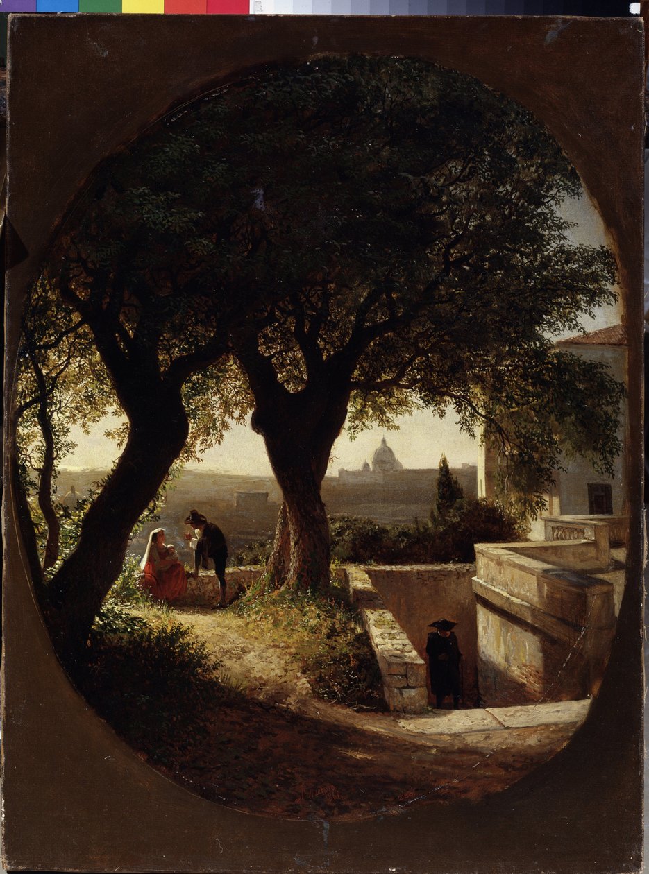 Nær Roma (Italia) (Nær Roma). En kvinne som sitter under trær med en baby i armene, lytter til en mann i hatt og kappe. En annen mann nærmer seg dem fra trappa. Maleri av Lev Felixovich Lagorio (1827-1905), av Lef Feliksovich Lagorio