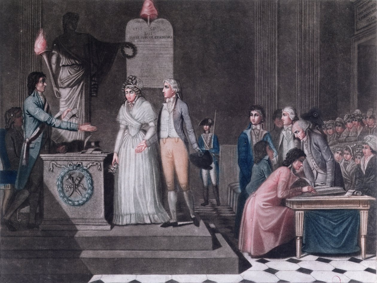 Ordfører som foretok et republikansk ekteskap under den franske revolusjonen, ca. 1795 (fargegravering) av Legrand