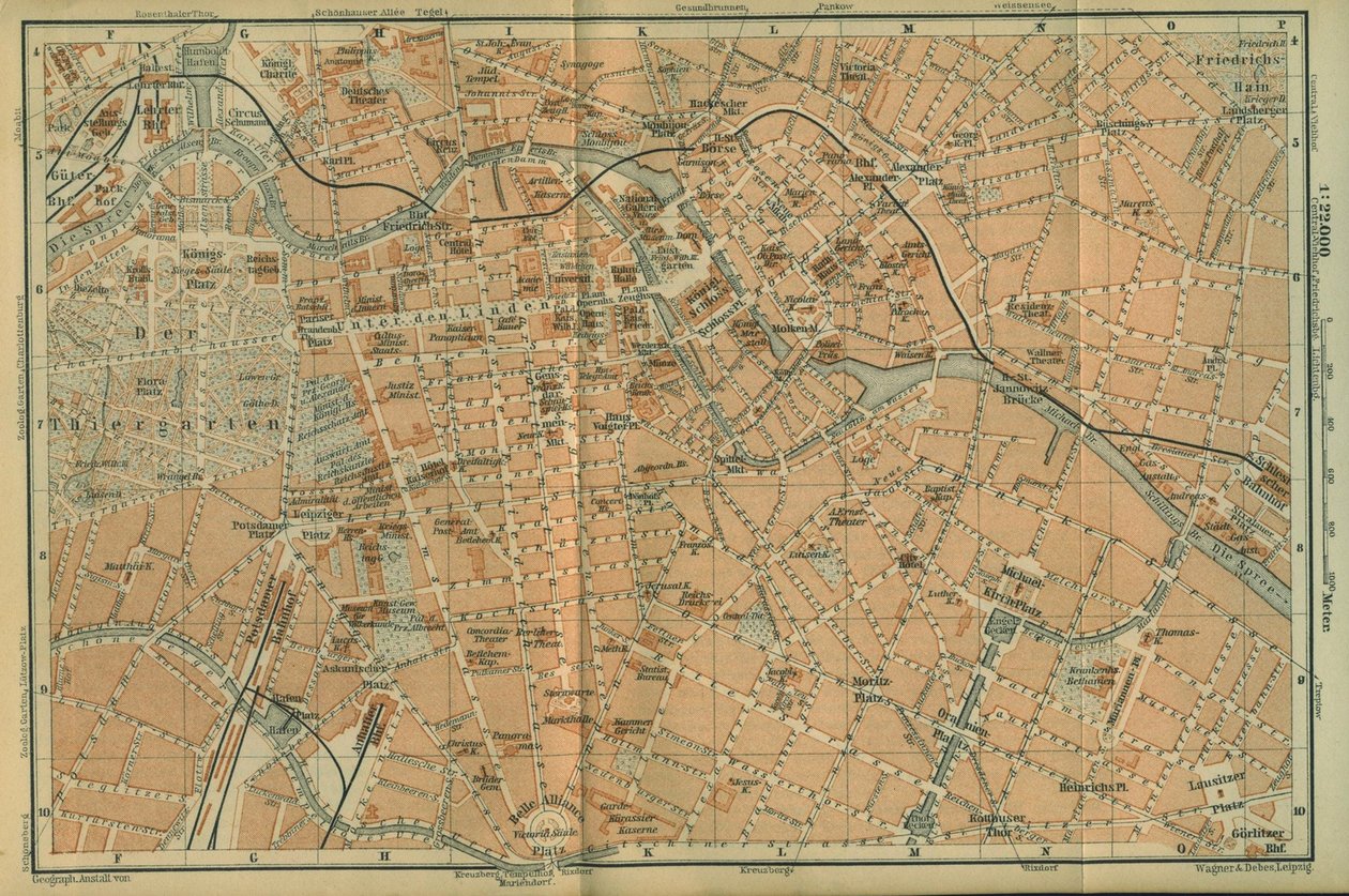 Kart over Berlin Center, fra en reiseguide Baedekers Nordøst-Tyskland, 1892 av Leipzig Wagner and Debes