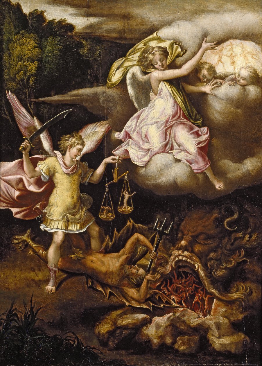 St. Michael underkuer Satan og veier de dødes sjeler, ca. 1540 - 1549 av Lelio Orsi da Novellara