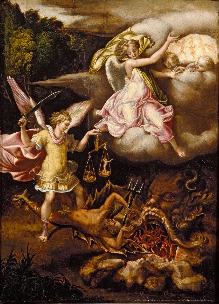 St. Michael underkuer Satan og veier de dødes sjeler, c1540-1549 av Lelio Orsi