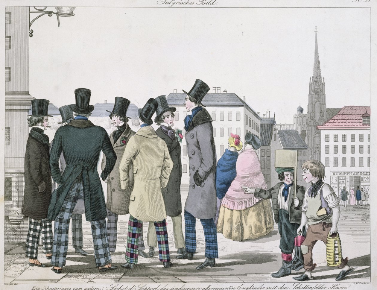 Elegante menn med skotske bukser på gatene i Wien, gravert av JW Linke, ca. 1840 av Lempis