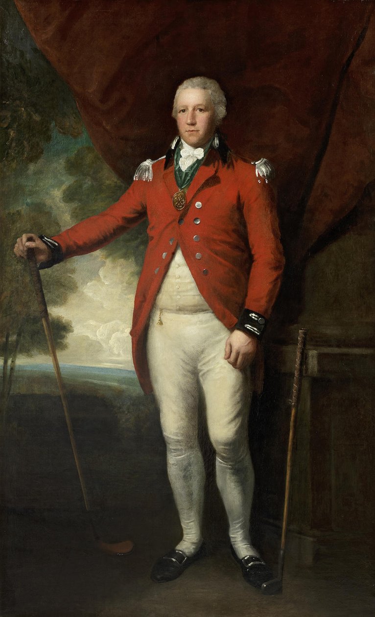 Portrett av Henry Callender som står i full lengde i et landskap i antrekket til kaptein general fra Blackheath Golf Clubnn av Lemuel Francis Abbott