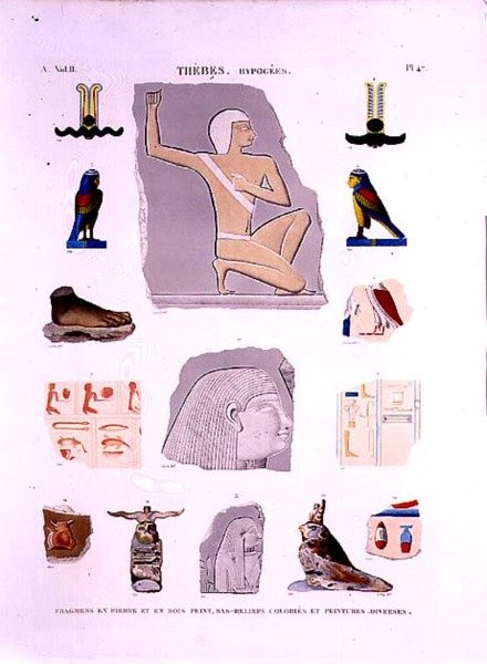 Illustrasjoner av malte relieffer på stein og trefragmenter Hypogees, Theben plate 47 fra Vol II av `Descriptions of Egypt`, gravert av LeRoy av Lenoir (after)