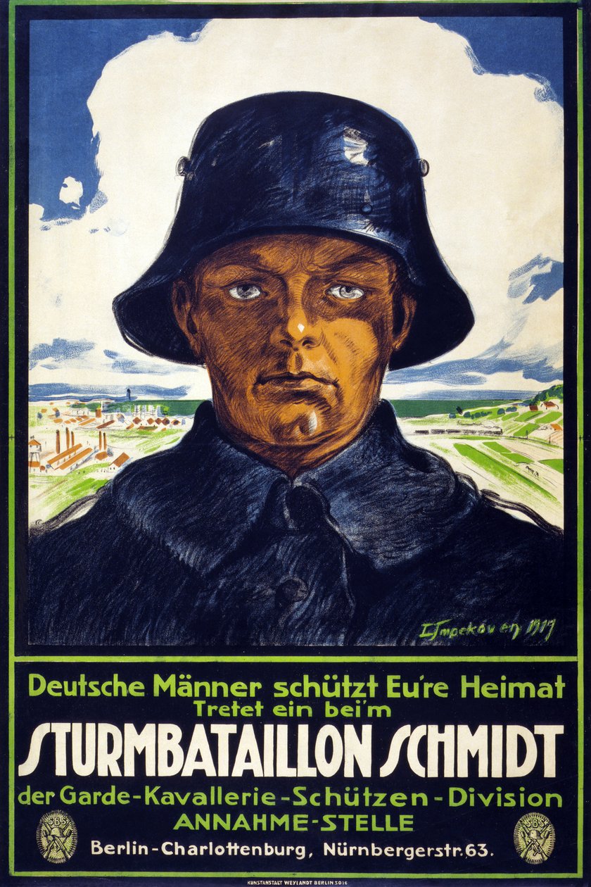 Tysk rekrutteringsplakat Sturmbataillon Schmidt; Tyske menn øser hjemlandet ditt! Kom inn på?, Pub. 1919 av Leo Impekoven
