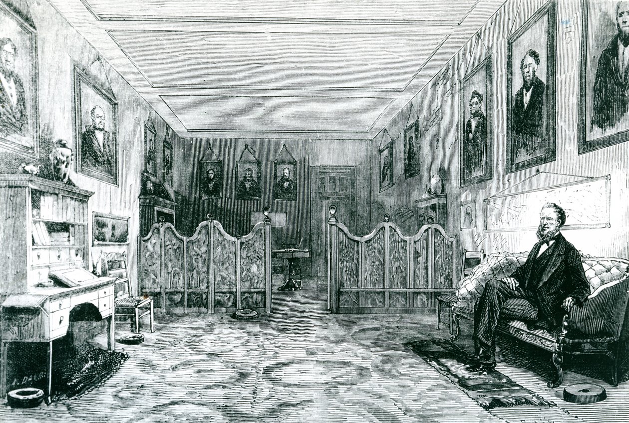 Brigham Young (1801-77) Mormonenes yppersteprest i hans studie, illustrasjon fra Le Monde Illustre, utgitt 1871 av Leo after Nye