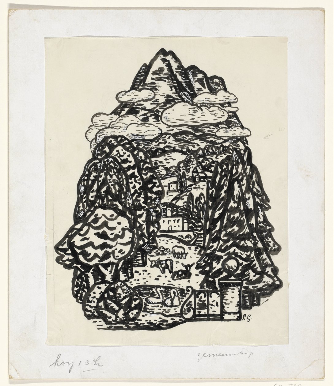 Fjelllandskap med trær og storfe av Leo Gestel (signed by artist)
