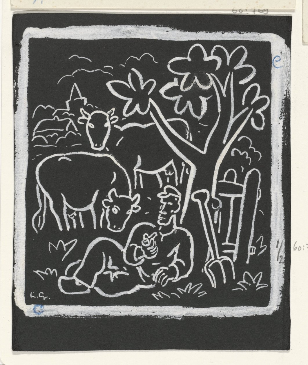 Bonde hviler under et tre i en eng med kyr av Leo Gestel (signed by artist)
