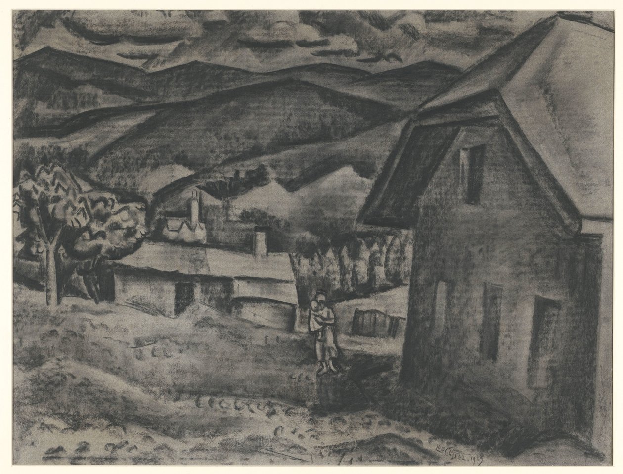Landskap med kvinne med barn foran et hus av Leo Gestel (signed by artist)