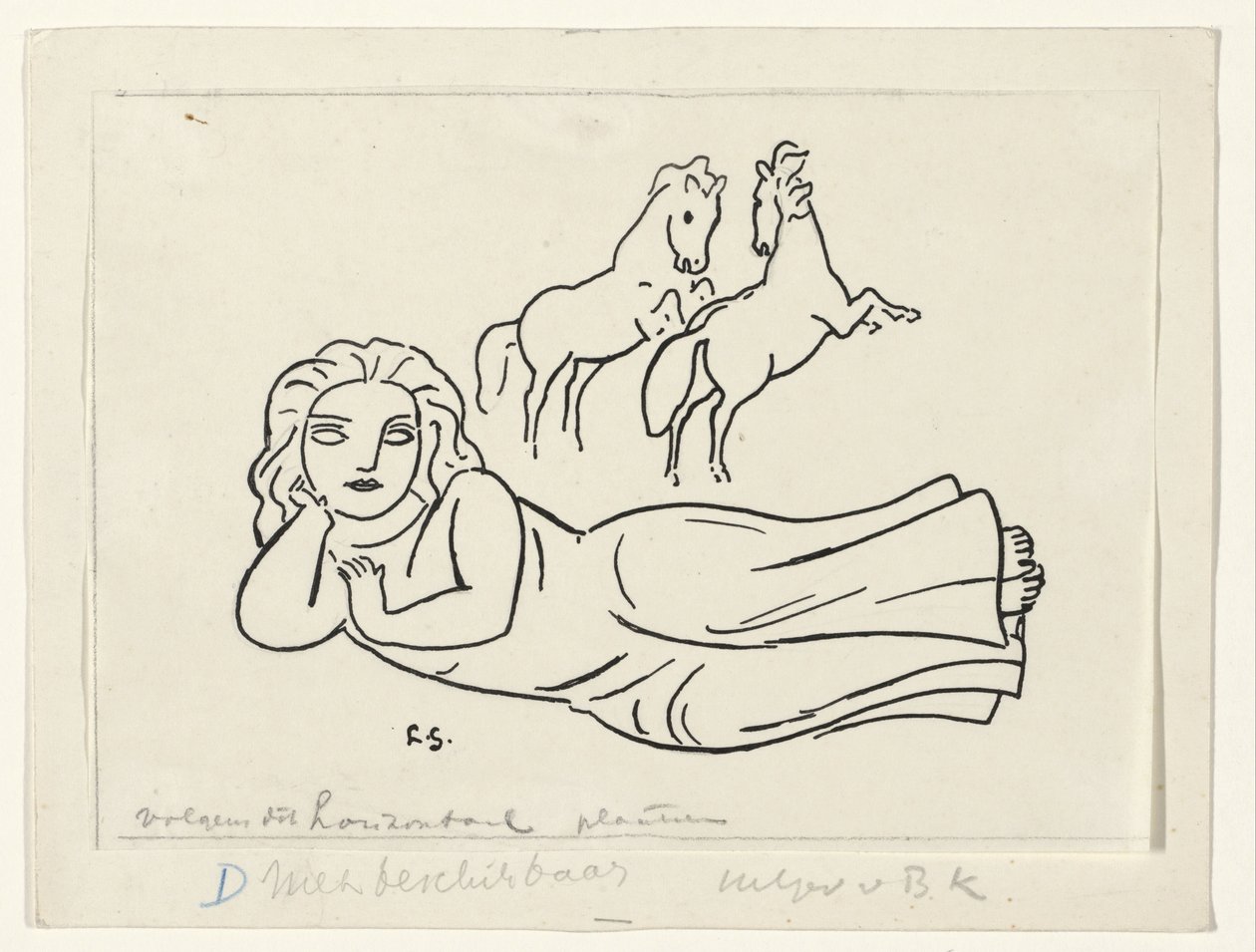 Tilbakelent kvinne med to hester av Leo Gestel (signed by artist)