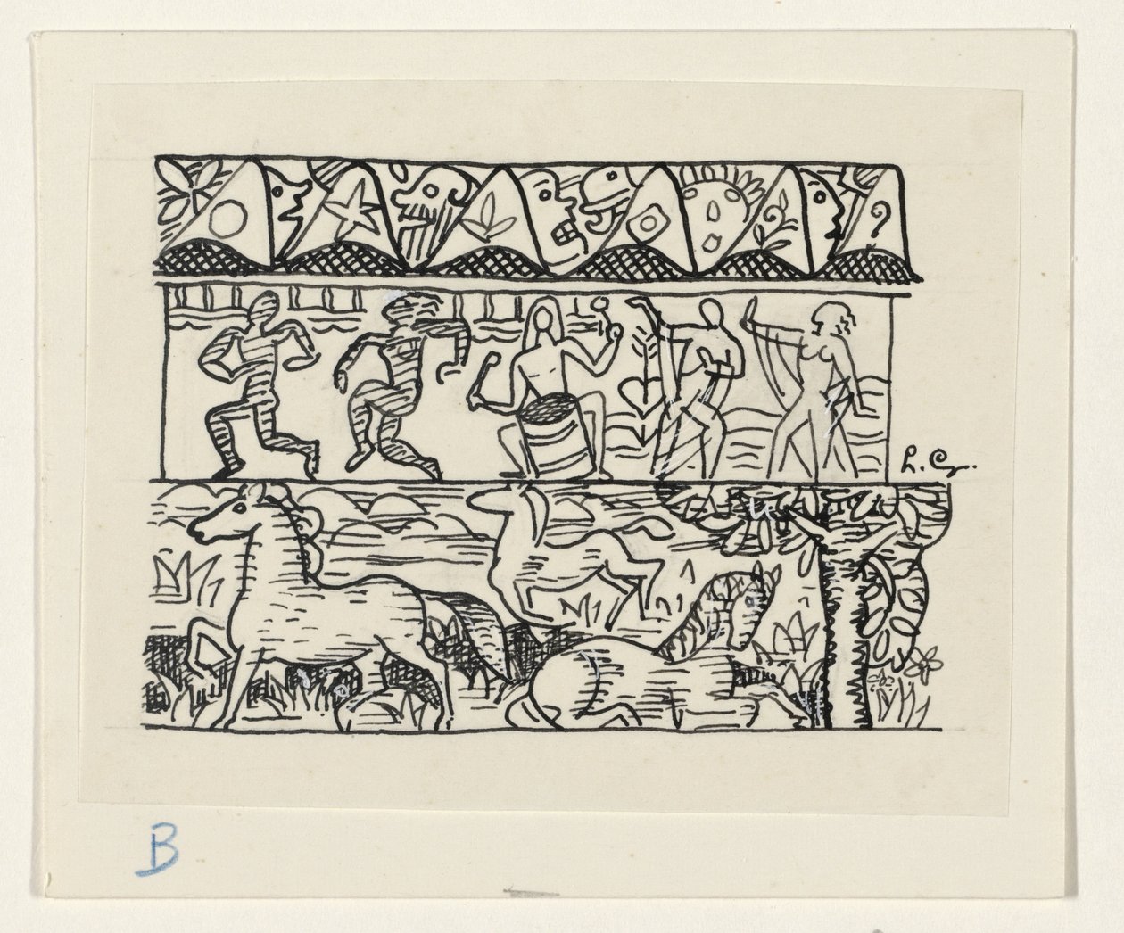 Hester, dansende mennesker og masker av Leo Gestel (signed by artist)