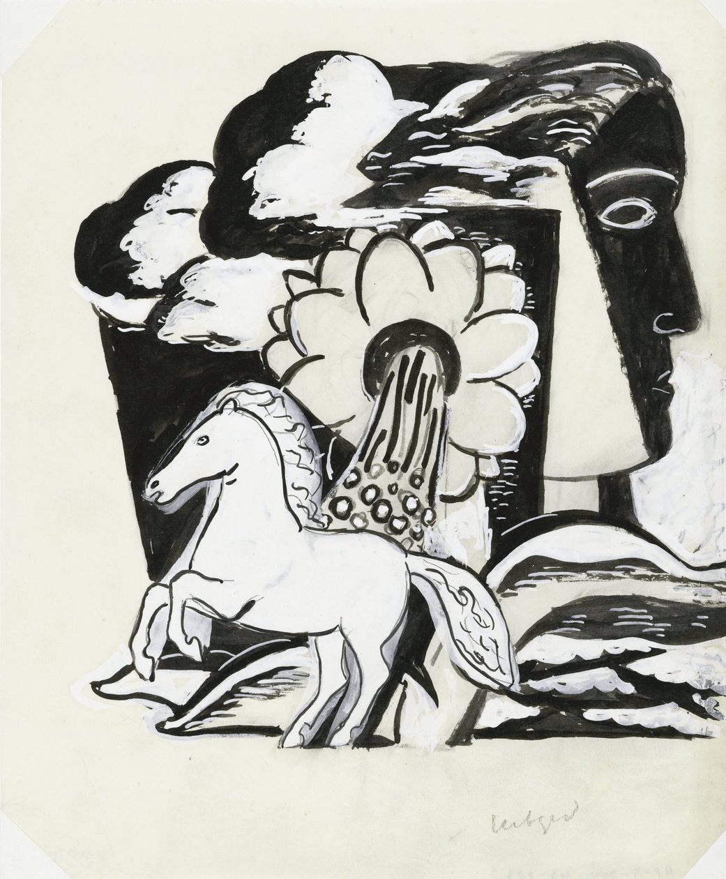 Oppdrett av hest, blomst og hode (skisse) av Leo Gestel (signed by artist)