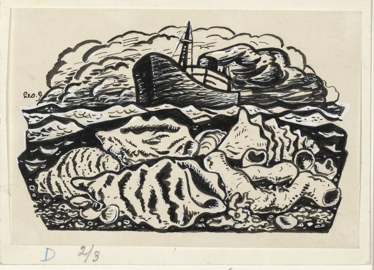 Dampskip til sjøs med skjell på stranden av Leo Gestel (signed by artist)