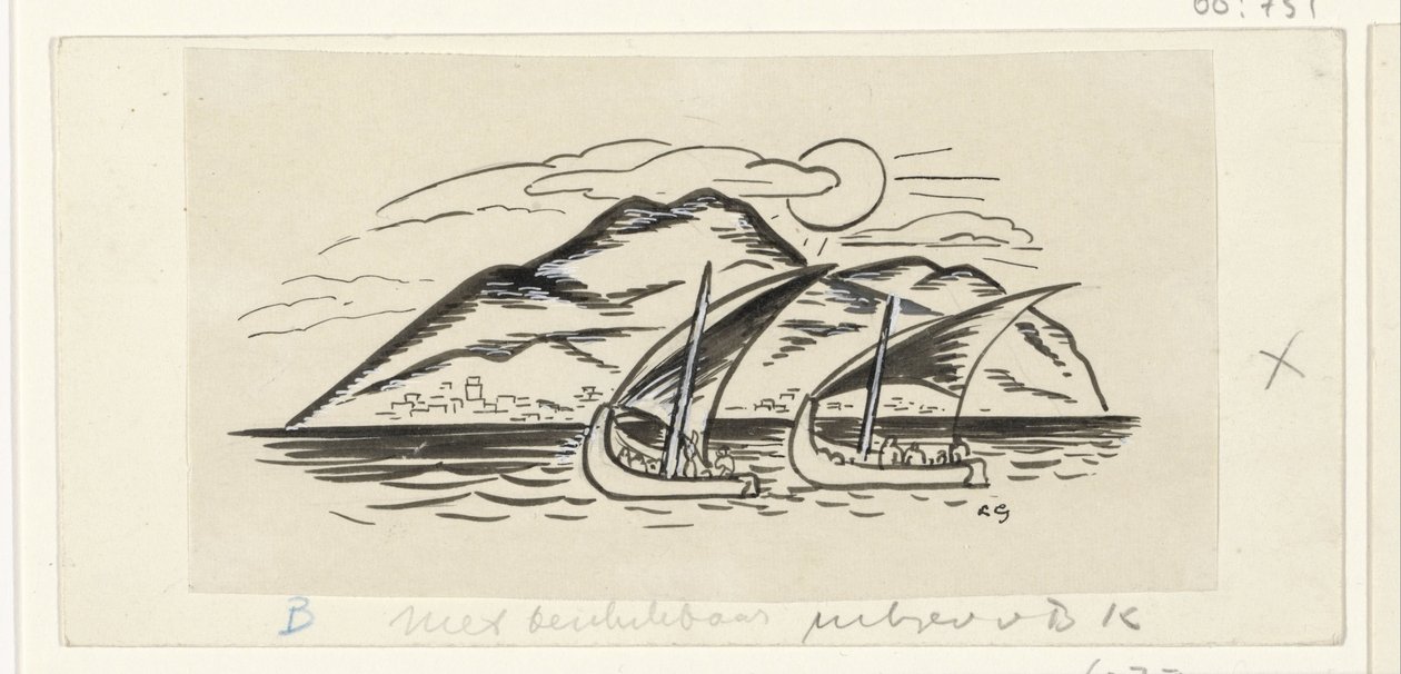 To seilskuter foran en øy med fjell av Leo Gestel (signed by artist)