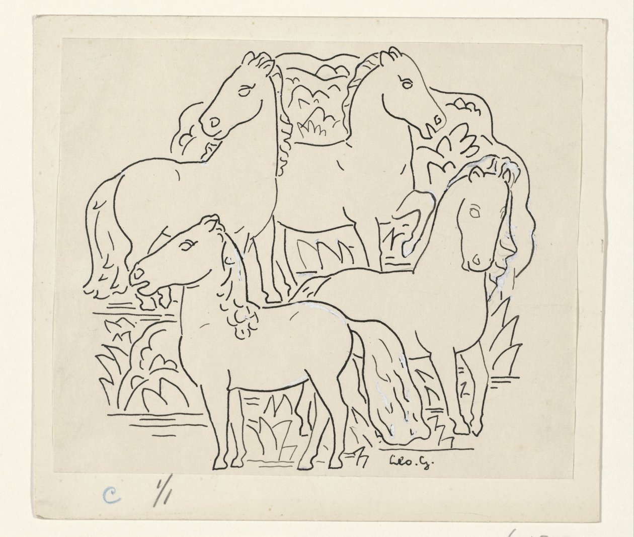 Fire hester av Leo Gestel (signed by artist)