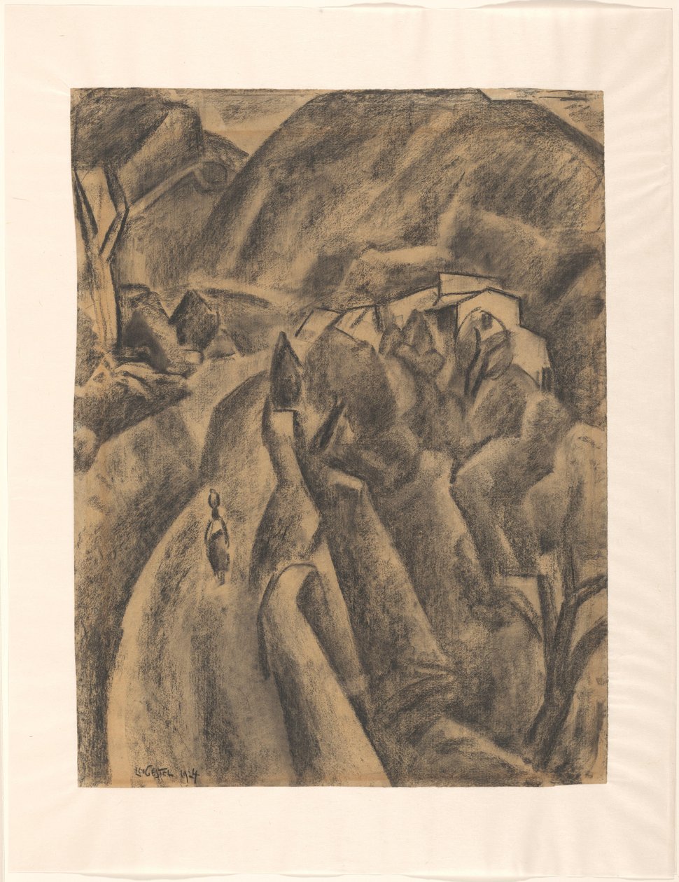 Kvinne med en mugge på hodet på en vei gjennom høye fjell av Leo Gestel (signed by artist)