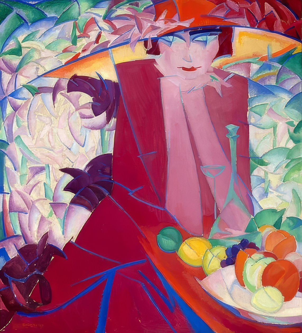 Dame med stor lue i sommerhuset. 1913 av Leo Gestel