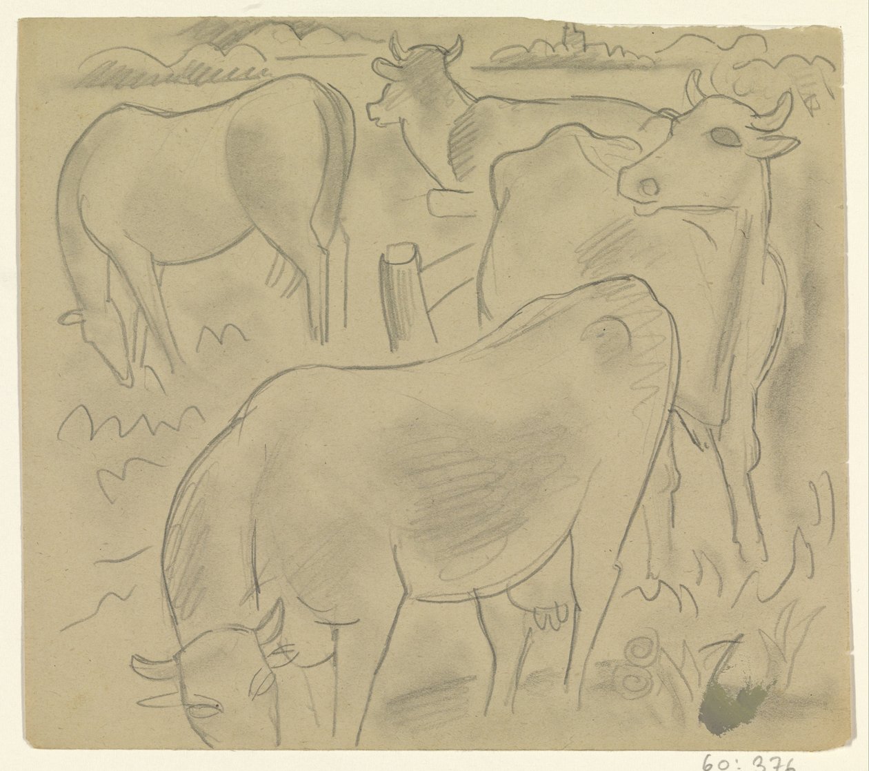 Tre kyr og en hest på enga av Leo Gestel