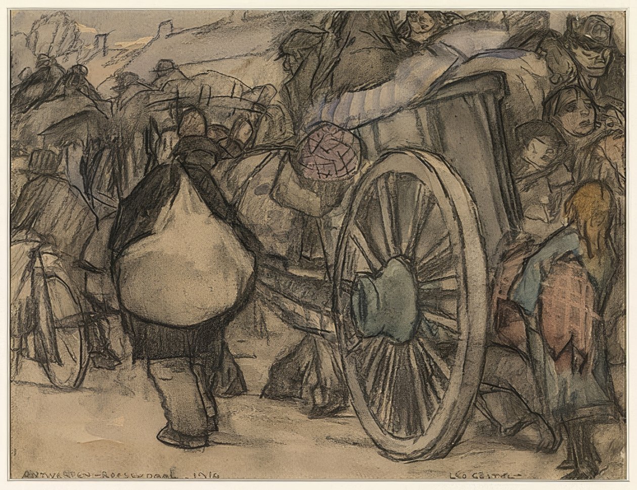 Flüchtlinge auf dem Weg von Amsterdam nach Roosendaal (flyktninger på vei fra Antwerpen til Roosendaal). 1914 av Leo Gestel