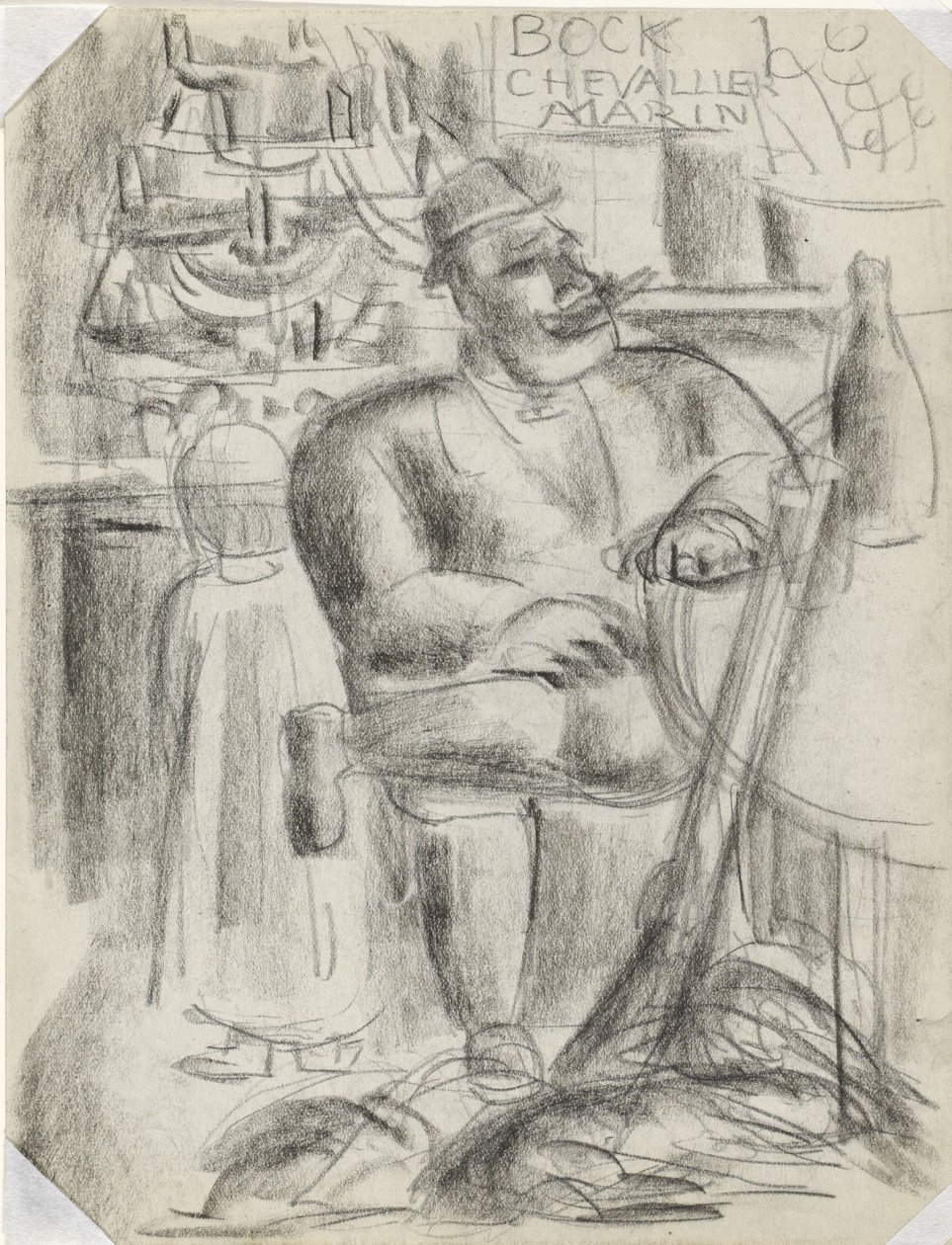 Jeger sitter ved kafébordet, i svart kritt Uten tittel av Leo Gestel