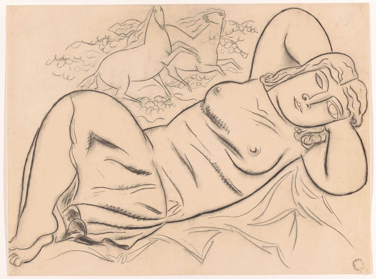 Liggende naken kvinne med hester av Leo Gestel