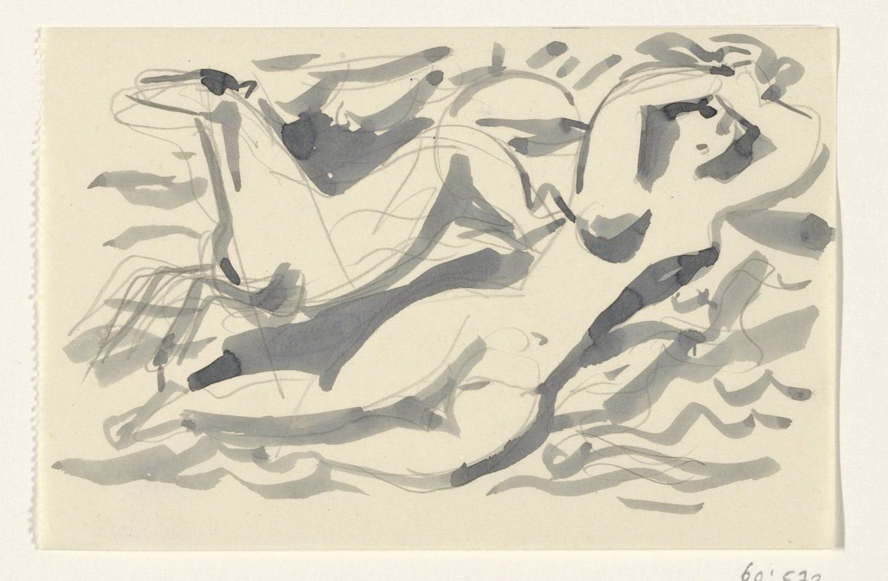 Naken kvinne og hest i havet av Leo Gestel