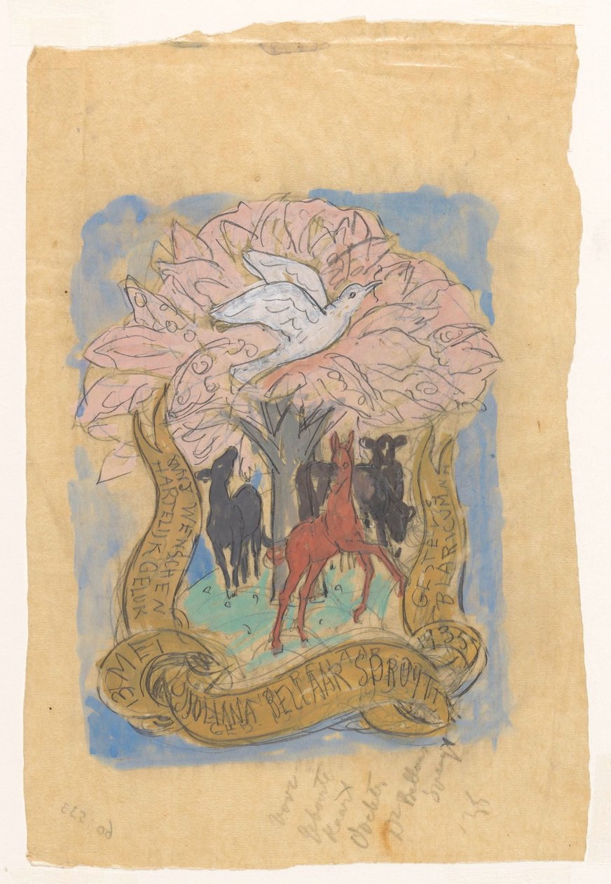 Designtegning for en gratulasjon med fødselen til Juliana Bellaar Spruyt av Leo Gestel