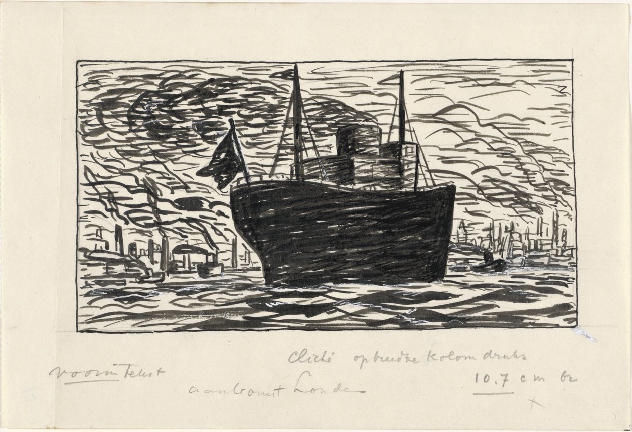 Skipet går inn i London havn (tittel på objekt) av Leo Gestel