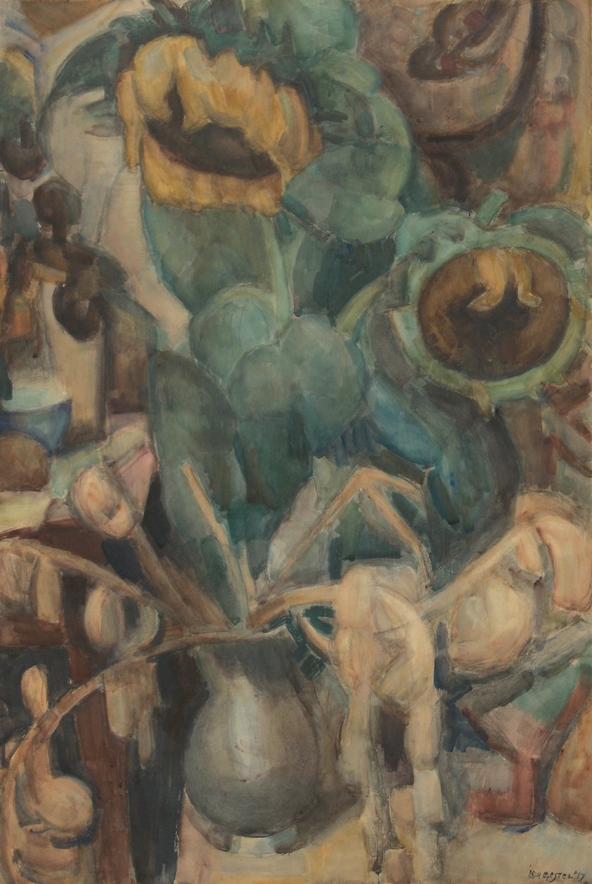 Stilleben med solsikker i en vase av Leo Gestel