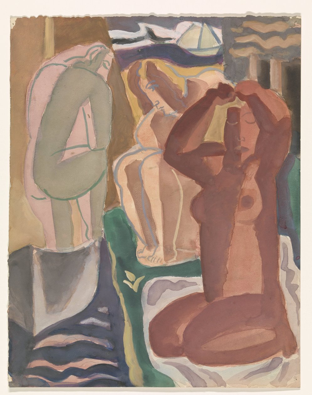 To badende kvinner og en figur på ryggen av Leo Gestel