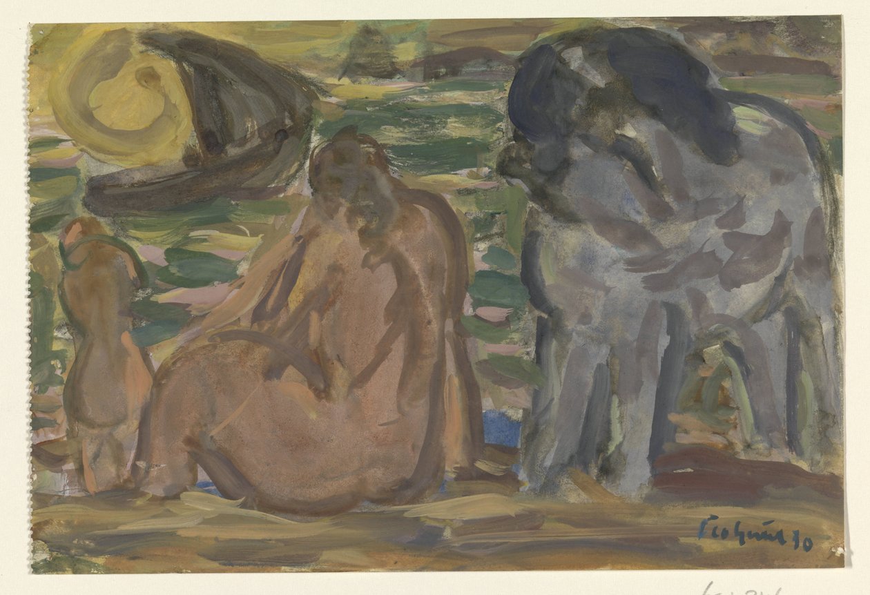 To nakne skikkelser og en hest ved sjøen av Leo Gestel
