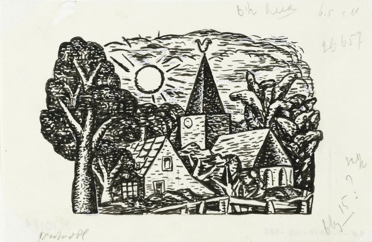 Vignette for Gestels biografi av prof. W. van der Pluym Uten tittel (Landsbyutsikt med kirke og sol, vignett til Gestels biografi av prof. W. van der Pluym) av Leo Gestel