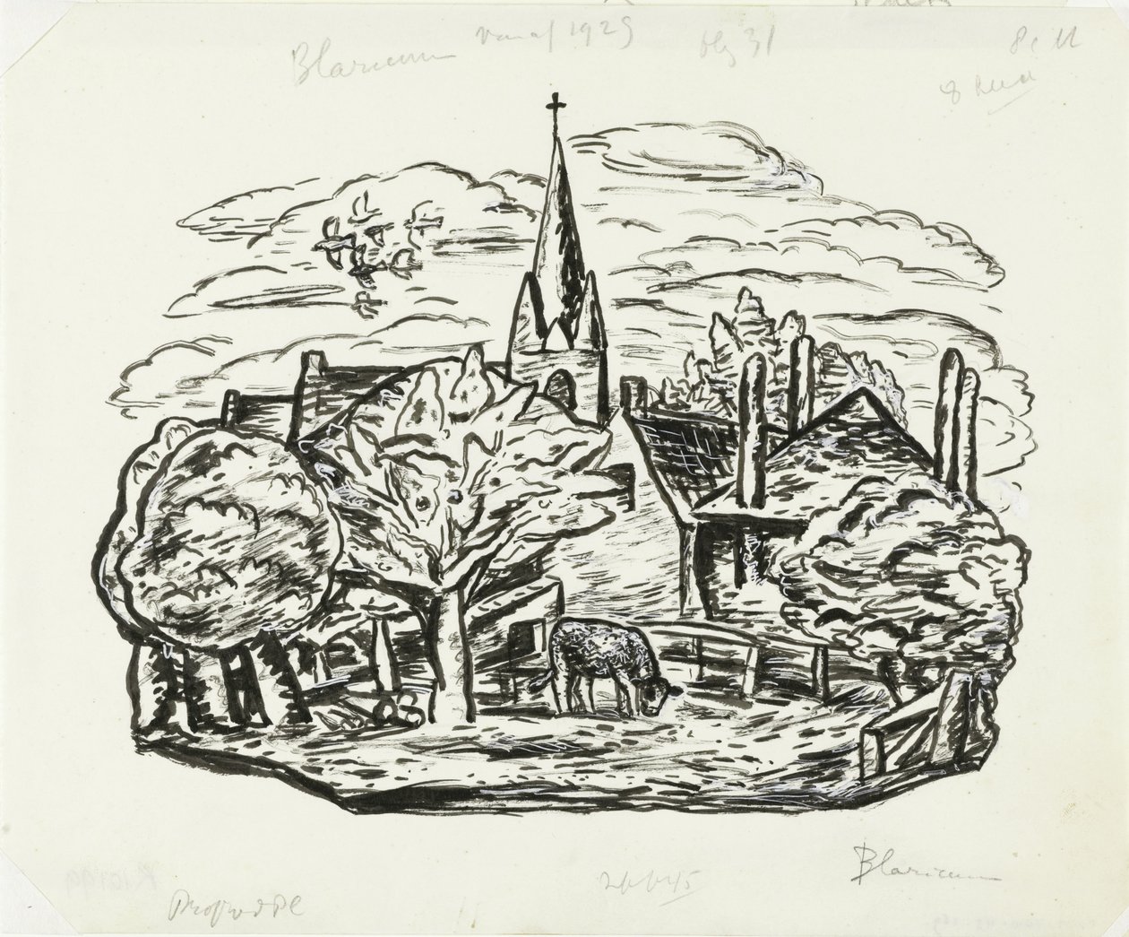 Vignette for Gestels biografi av prof. W. van der Pluym Uten tittel (Utsikt over landsbyen Blaricum med beitende ku) av Leo Gestel