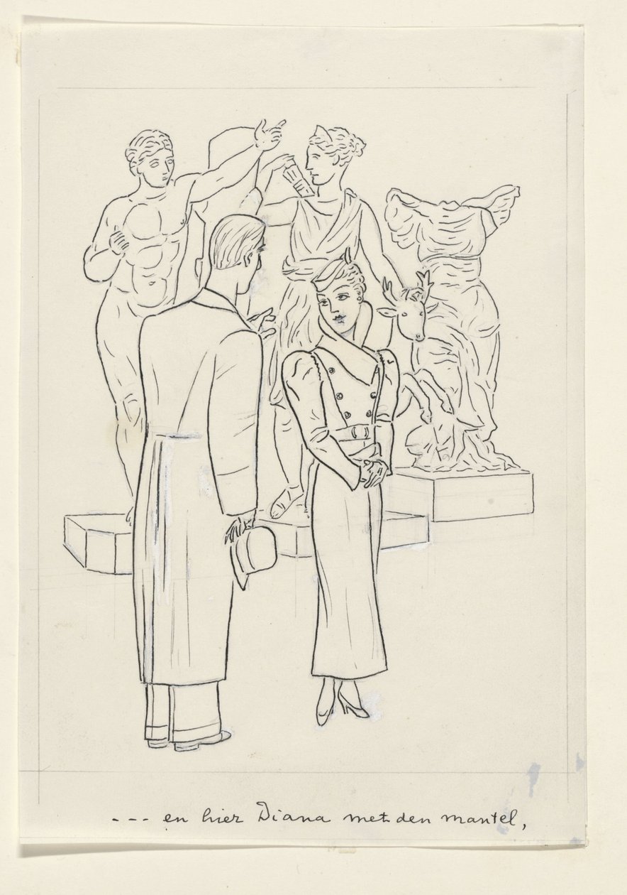 Kvinne og mann foran tre statuer av Leo Gestel