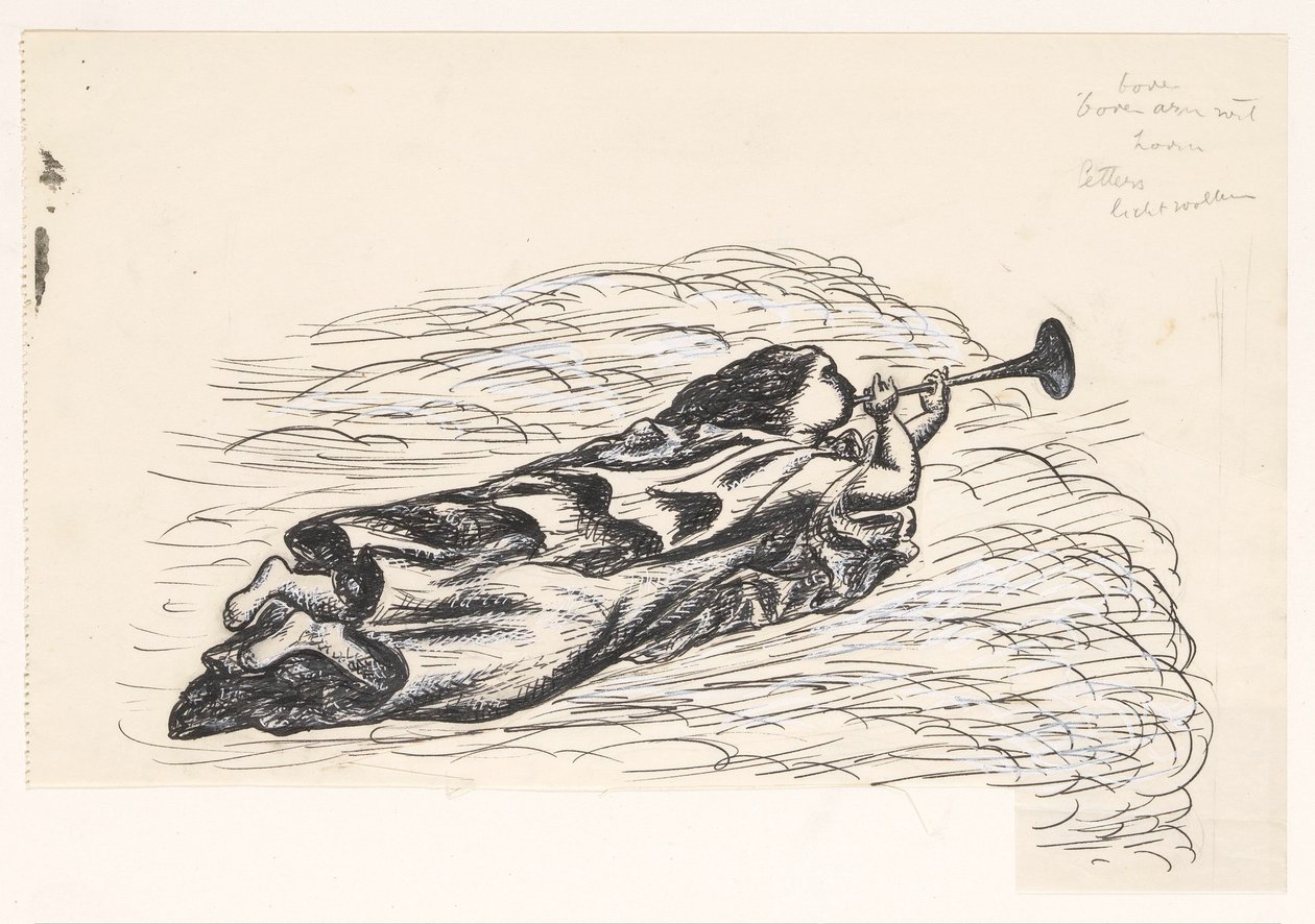 Kvinne med trompet, flytende på skyer av Leo Gestel