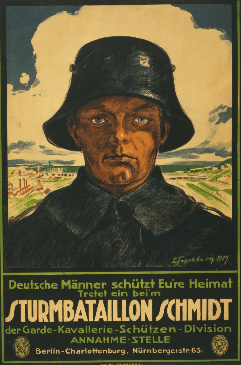 Overfallsbataljon Schmidt; Tyske menn rister hjemlandet ditt! 1919 (fargelitografi) av Leo Impekoven