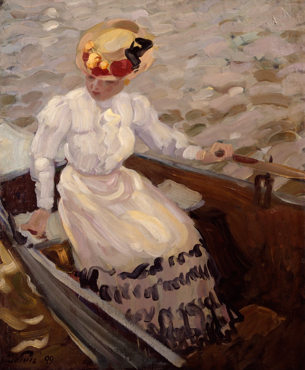 En elegant dame i en robåt (olje på lerret) av Leo Putz